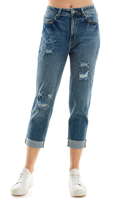 ROOL-UP DISTRESSED  HIGH RISE STRETCH MOM JEANS Blue Age
