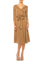 Solid faux wrap dress with deep V-neck Moa Collection