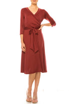 Solid faux wrap dress with deep V-neck Moa Collection