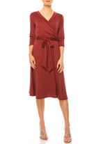 Solid faux wrap dress with deep V-neck Moa Collection