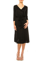 Solid faux wrap dress with deep V-neck Moa Collection