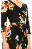 Floral print, faux wrap dress with deep V-neck Moa Collection