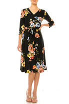 Floral print, faux wrap dress with deep V-neck Moa Collection