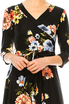 Floral print, faux wrap dress with deep V-neck Moa Collection