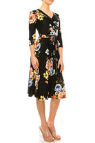 Floral print, faux wrap dress with deep V-neck Moa Collection