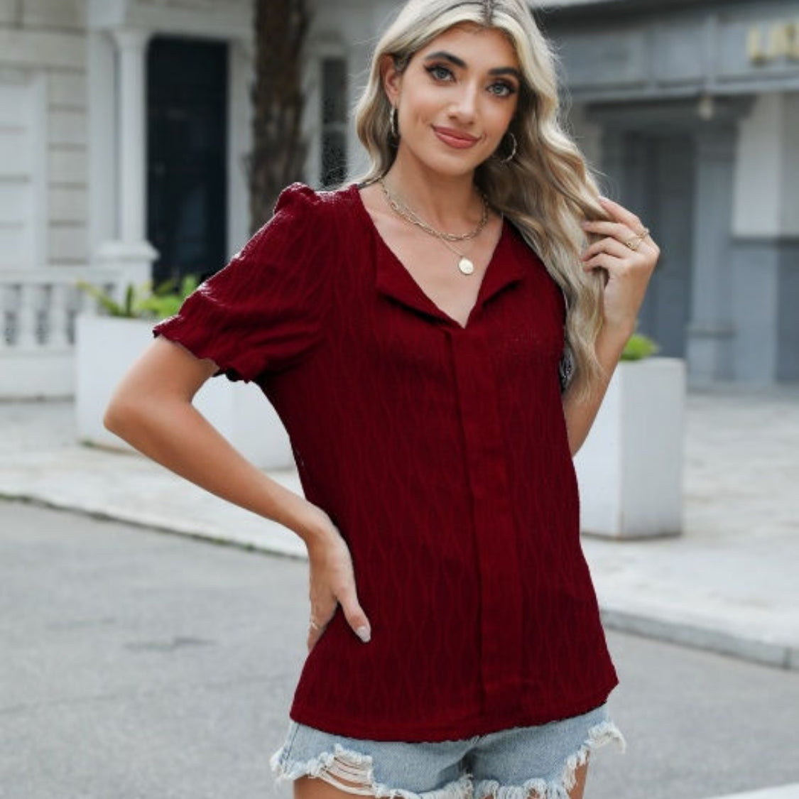 Textured Notched Short Sleeve Blouse