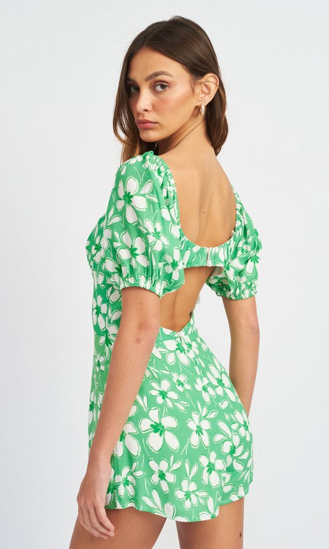 BUBBLE SLEEVE FLORAL ROMPER WITH CUT OUT Emory Park