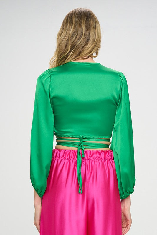 Silky Satin Wrap Crop Top with Tie Renee C.