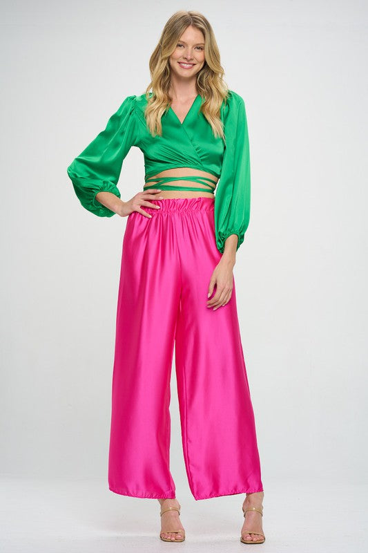 Silky Satin Wrap Crop Top with Tie Renee C.