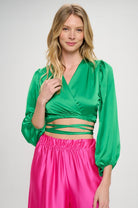 Silky Satin Wrap Crop Top with Tie Renee C.