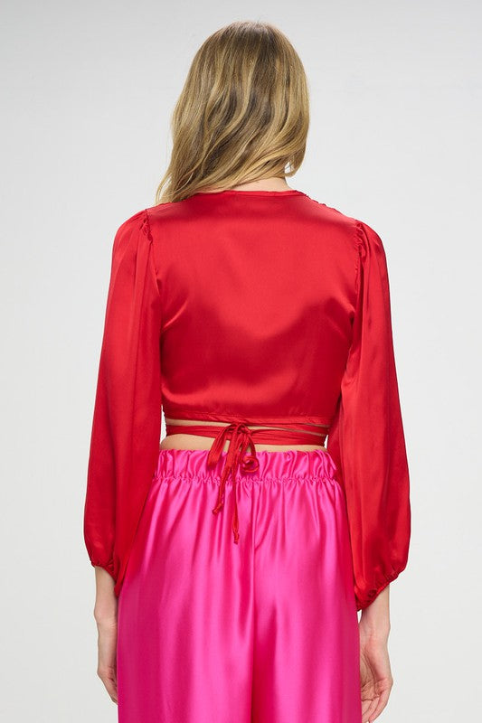 Silky Satin Wrap Crop Top with Tie Renee C.