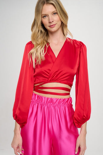 Silky Satin Wrap Crop Top with Tie Renee C.