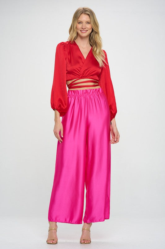 Silky Satin Wrap Crop Top with Tie Renee C.