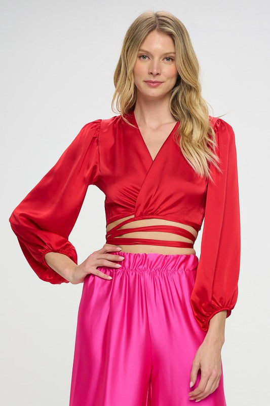 Silky Satin Wrap Crop Top with Tie Renee C.