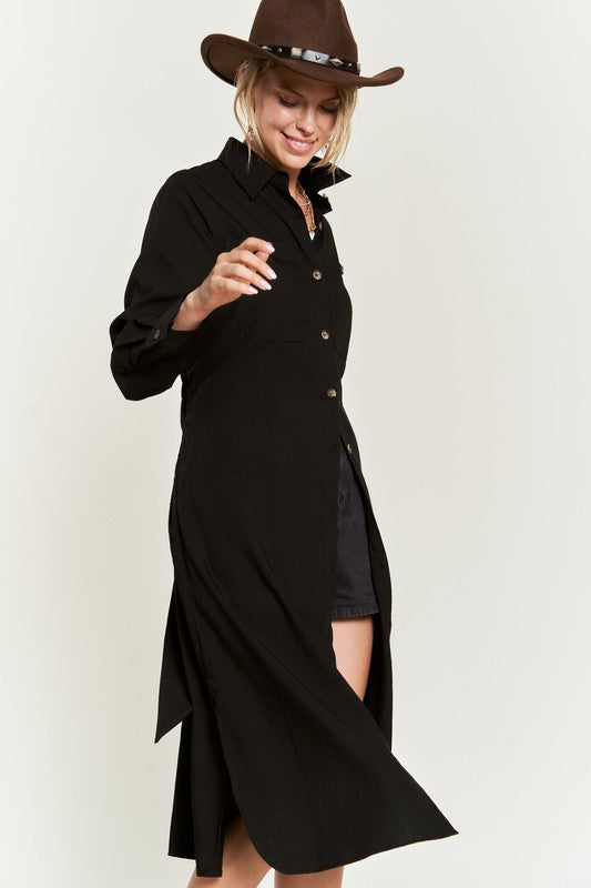 SOLID BUTTON DOWN BELTED LONG DRESS 30-545 Jade By Jane