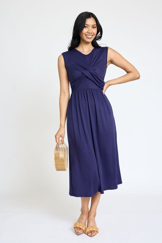 Sleeveless Cross-Over Bodice Midi Dress EG fashion