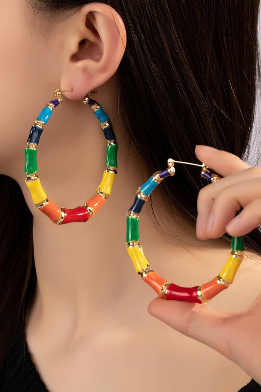 Large multi color enamel bamboo hoop earrings LA3accessories