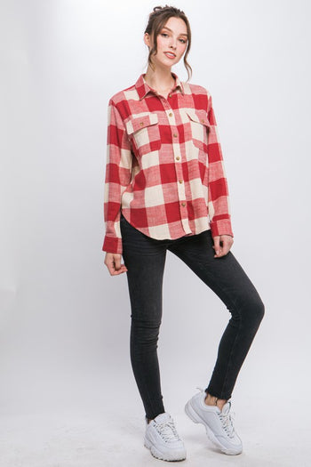 Lightweight Plaid Button Down Top Love Tree