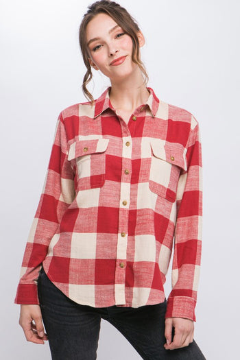 Lightweight Plaid Button Down Top Love Tree