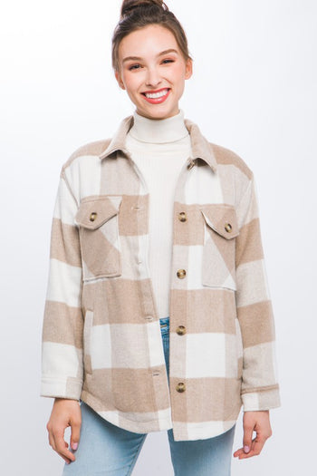 Plaid Button Down Jacket with Front Pocket Detail Love Tree