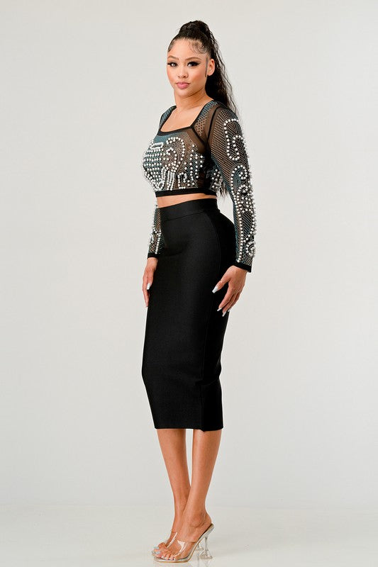 Sexy Mesh Beaded Two Piece Midi Skirt Set Athina