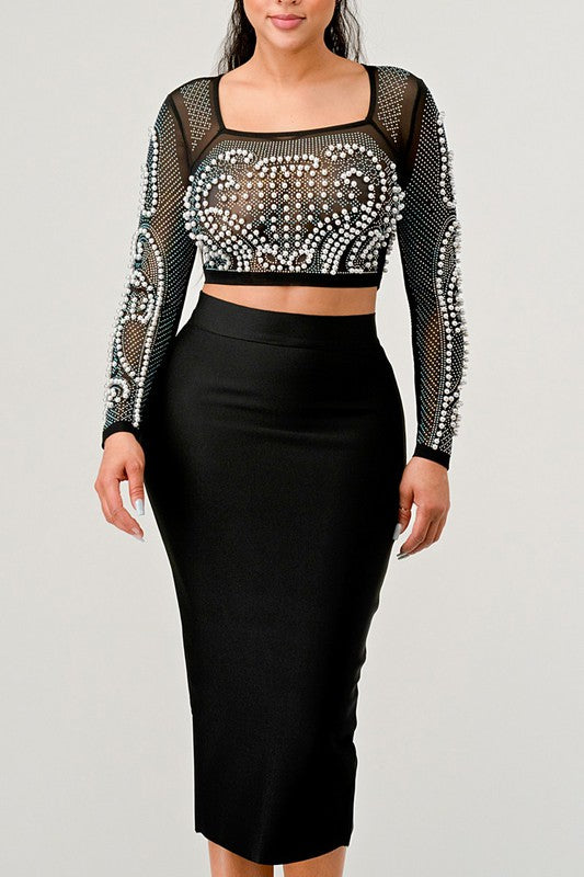 Sexy Mesh Beaded Two Piece Midi Skirt Set Athina