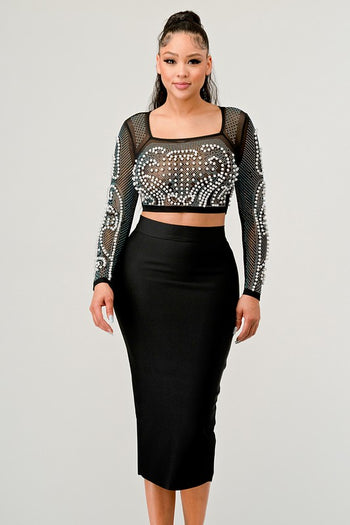 Sexy Mesh Beaded Two Piece Midi Skirt Set Athina