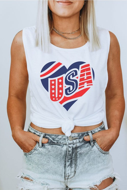 USA Heart July 4th Patriotic Graphic Muscle Tank Ocean and 7th