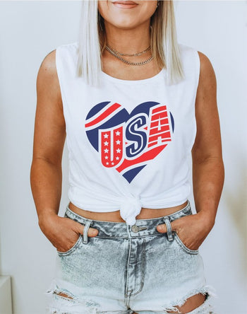 USA Heart July 4th Patriotic Graphic Muscle Tank Ocean and 7th