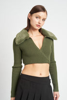 V NECK CARDIGAN WITH FUR COLLAR Emory Park