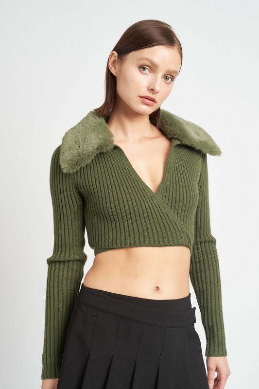 V NECK CARDIGAN WITH FUR COLLAR Emory Park