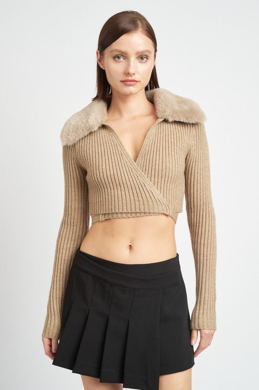 V NECK CARDIGAN WITH FUR COLLAR Emory Park