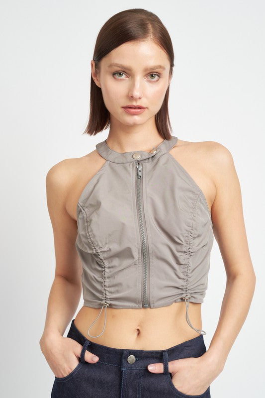 ZIP FRONT HALTER NECK CROPPED TOP Emory Park