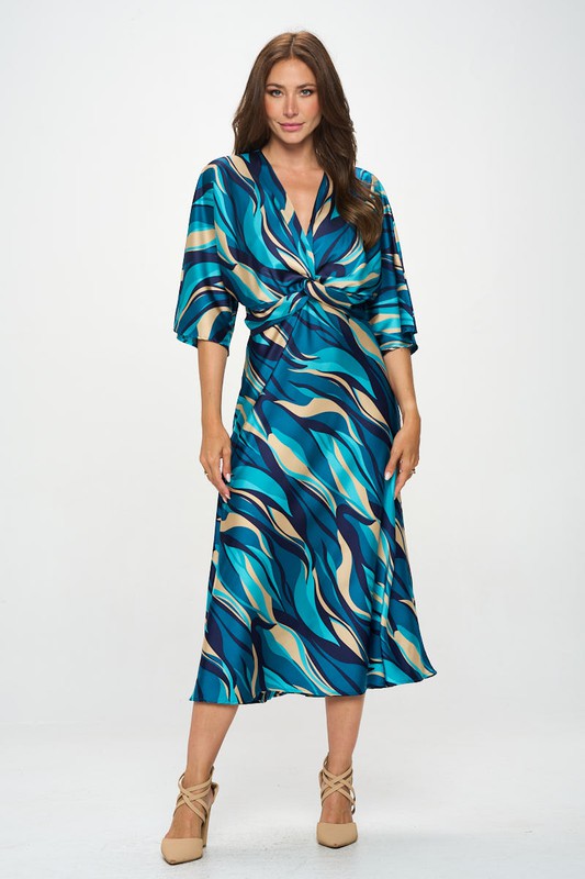 Satin Stretch Print Dress with Front Twist Renee C.