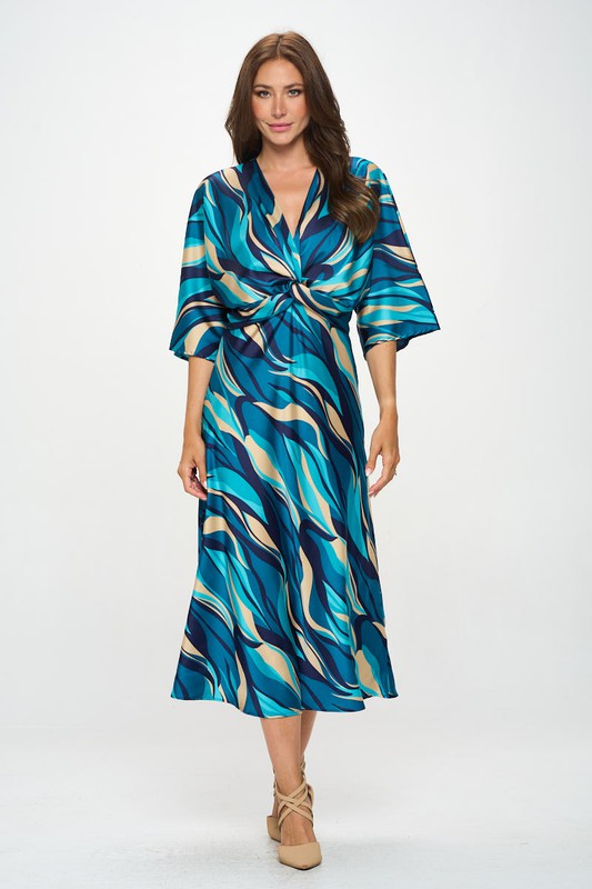 Satin Stretch Print Dress with Front Twist Renee C.