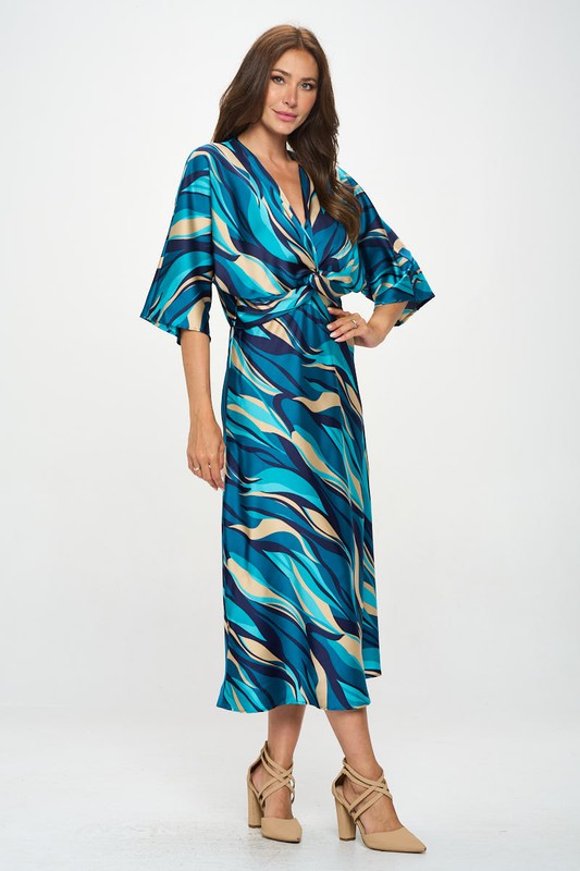 Satin Stretch Print Dress with Front Twist Renee C.