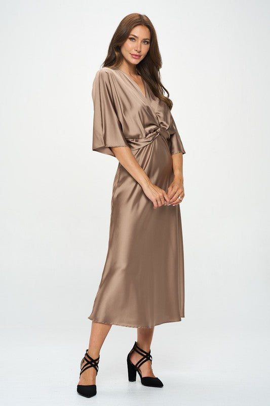 Satin Stretch Solid Dress with Front Twist Renee C.