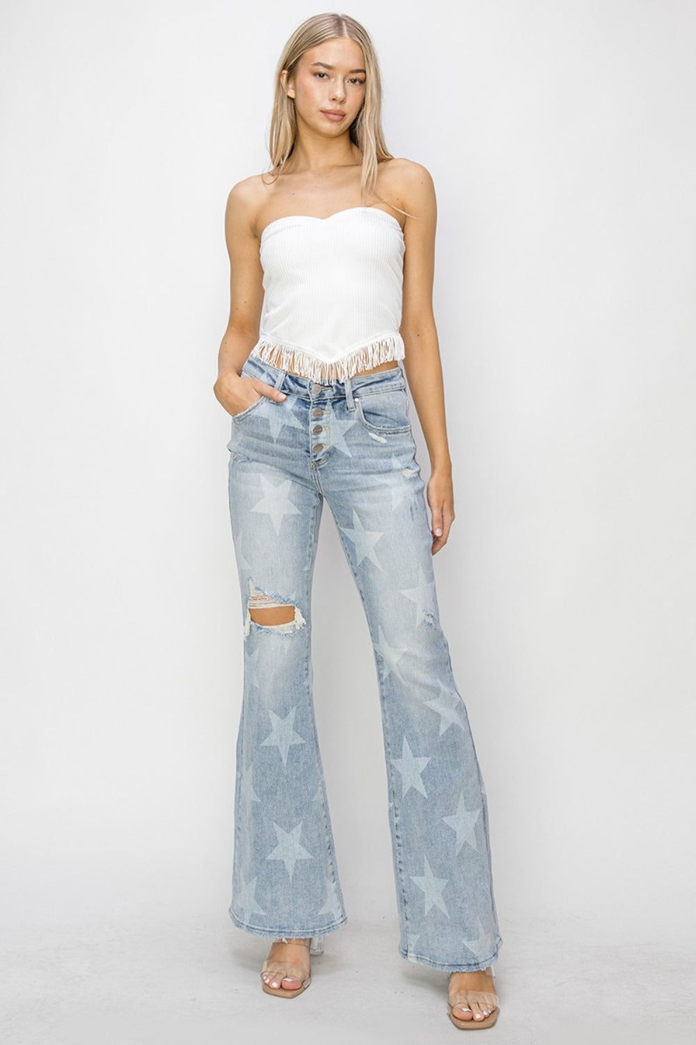 RISEN Mid Rise Button Fly Start Print Flare Jeans Trendsi