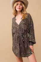 Rayon Crinkle Ditsy Floral Raw Shift Shirt Dress Blue B