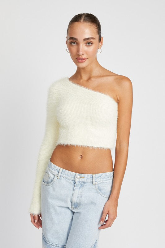 ONE SHOULDER FLUFFY SWEATER TOP Emory Park