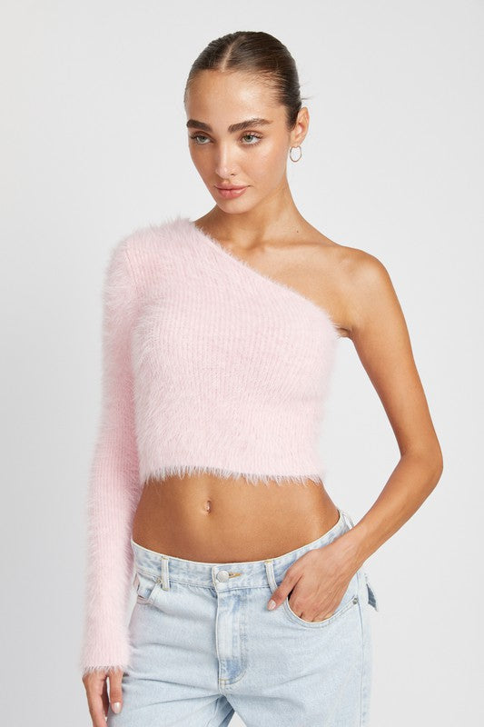 ONE SHOULDER FLUFFY SWEATER TOP Emory Park