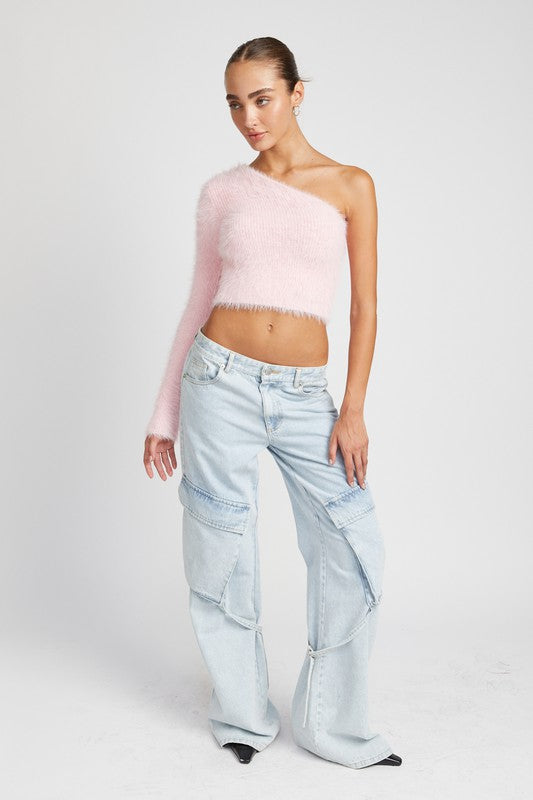 ONE SHOULDER FLUFFY SWEATER TOP Emory Park