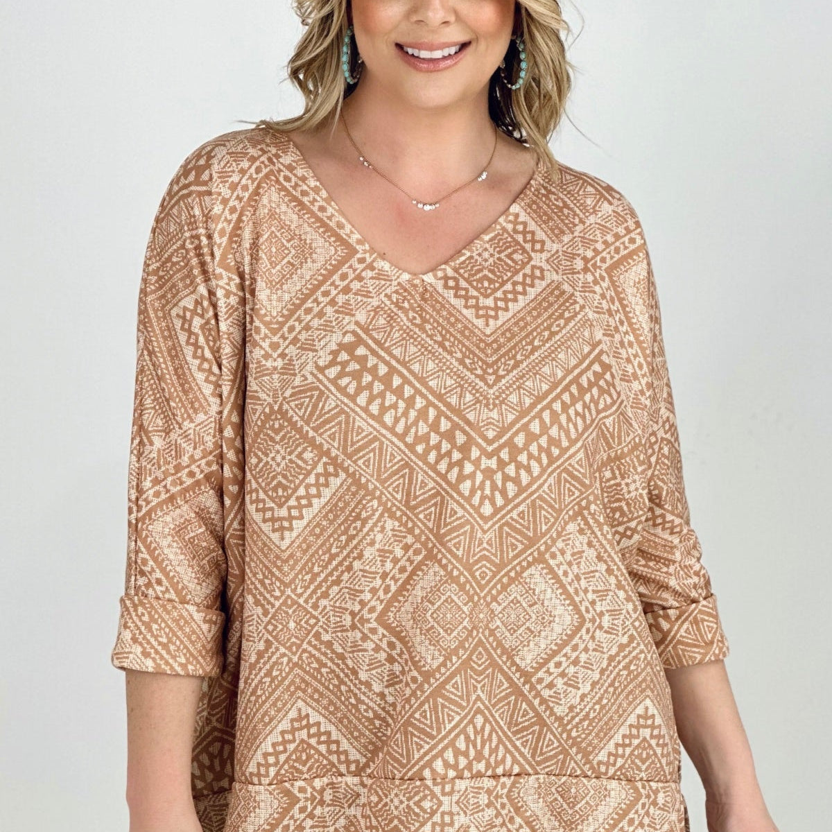 BiBi Aztec Print French Terry V Neck Top Kiwidrop