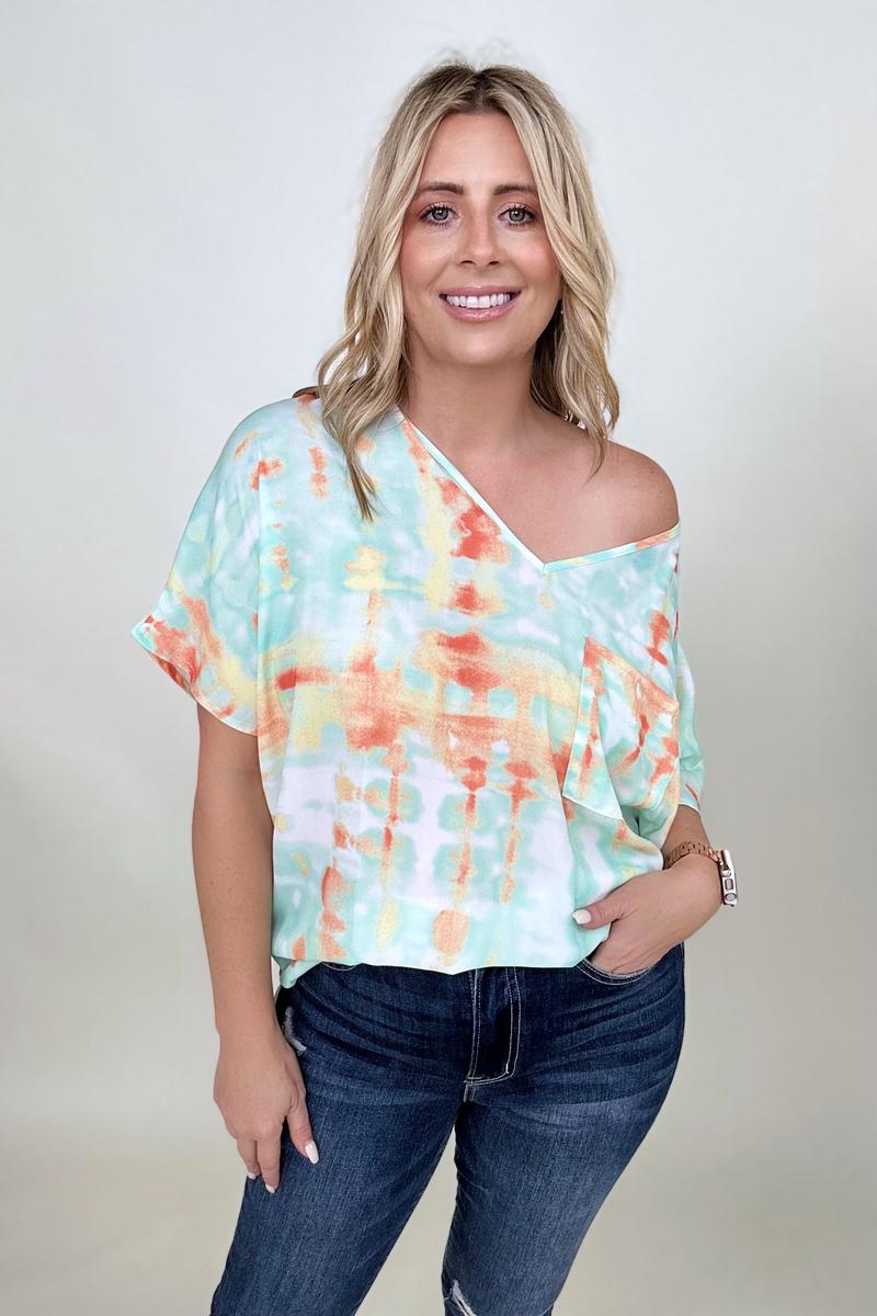 BiBi Tie Dye V Neck Hi-Low Oversized Top Kiwidrop