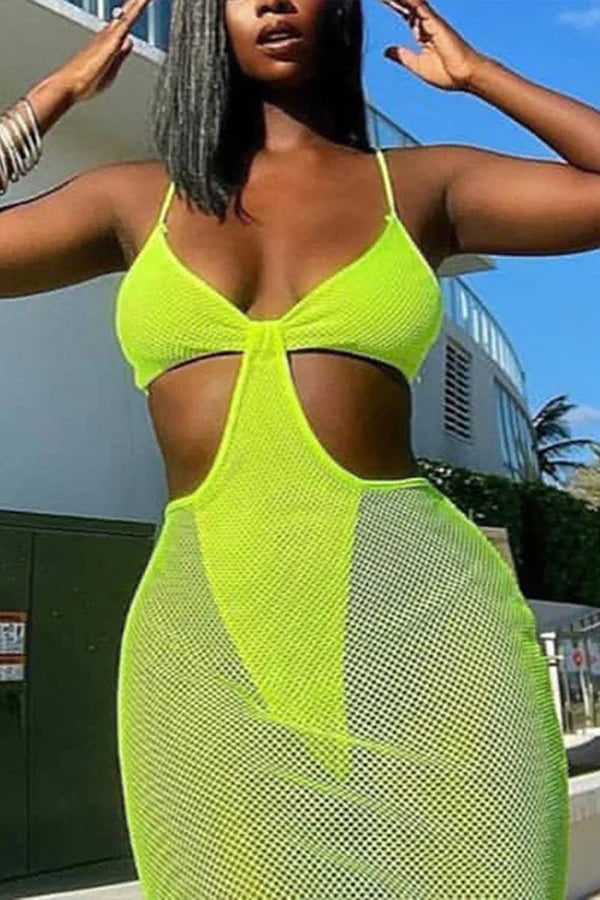 Solid Cutout Sheer Mesh Cami Maxi Dress (Lime Green) Penderié, Inc.