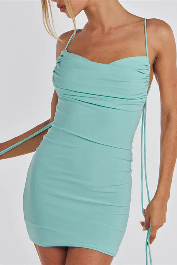 Sexy Ruched Drawstring Backless Cami Pencil Mini Dress (Blue) Penderié, Inc.