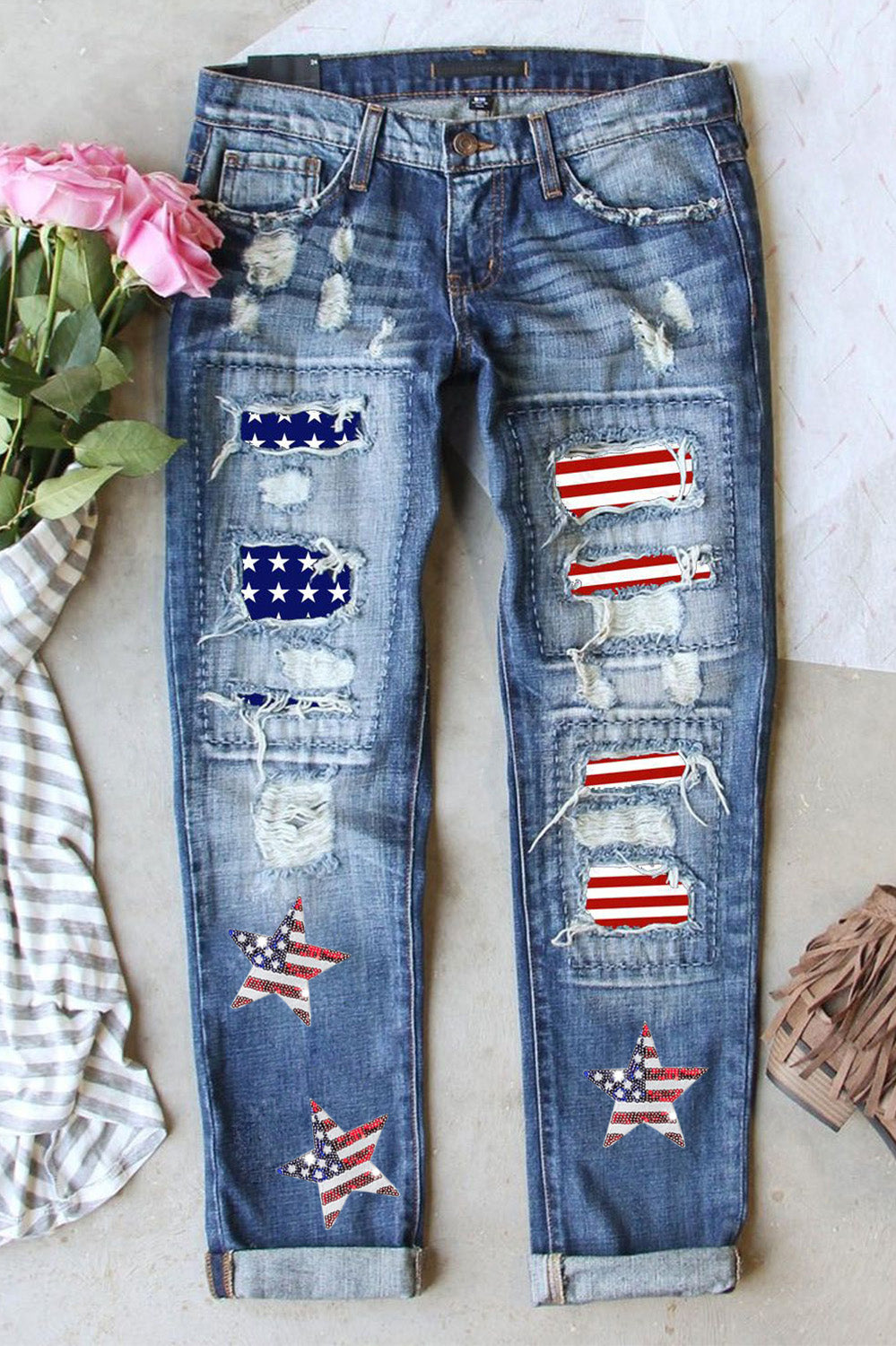 US Flag Straight Jeans Trendsi