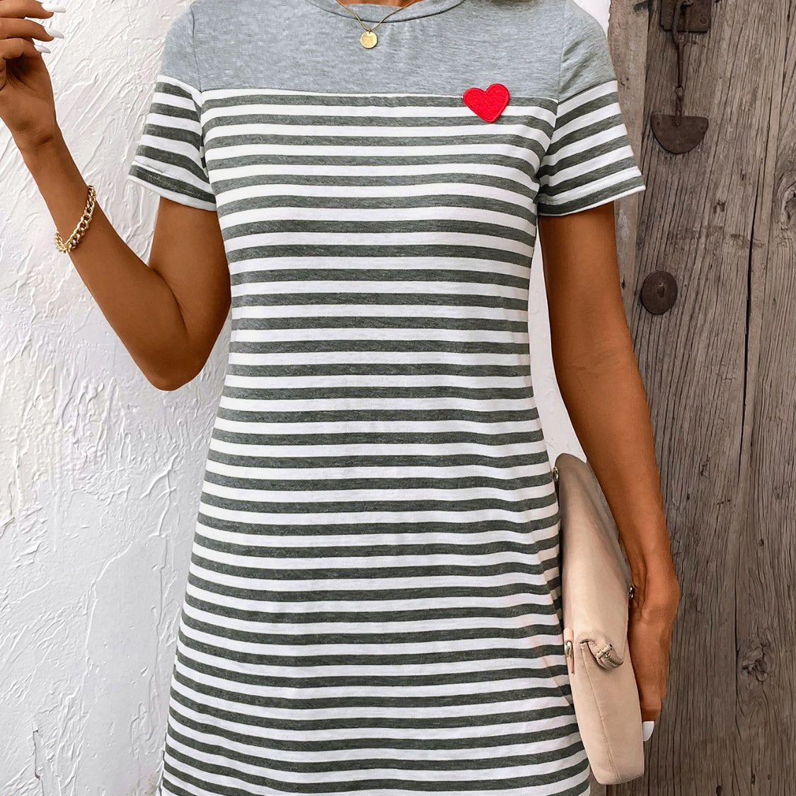 Striped Round Neck Short Sleeve Mini Dress