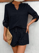 Notched Long Sleeve Top and Shorts Set Trendsi