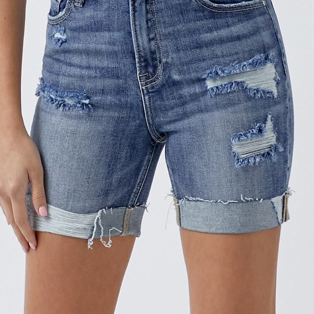 RISEN Full Size Distressed Rolled Denim Shorts with Pockets Trendsi